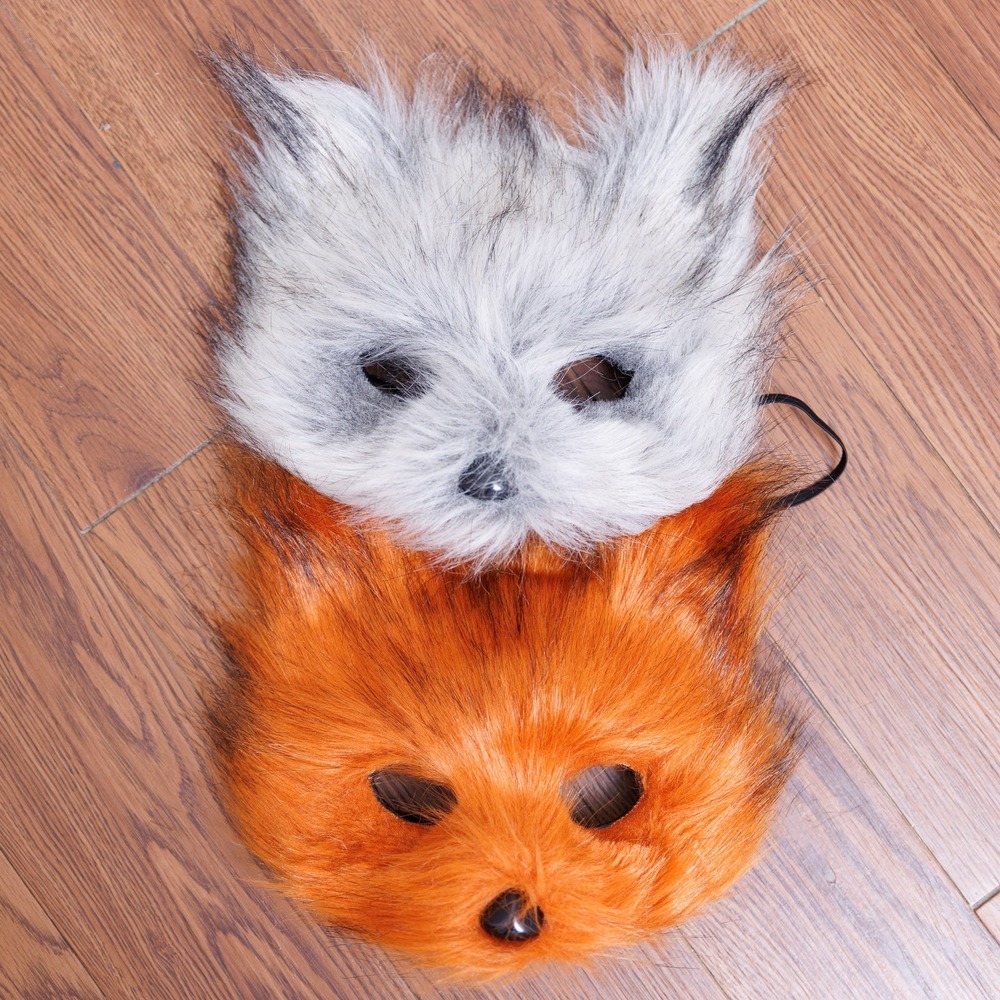 Faux Fur Animal Mask Set Orange Fox and Grey Wolf Halloween Cosplay Costume